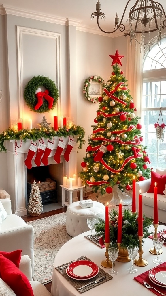 A cozy Christmas living room decorated in white and red with a tree, fireplace, and festive table.